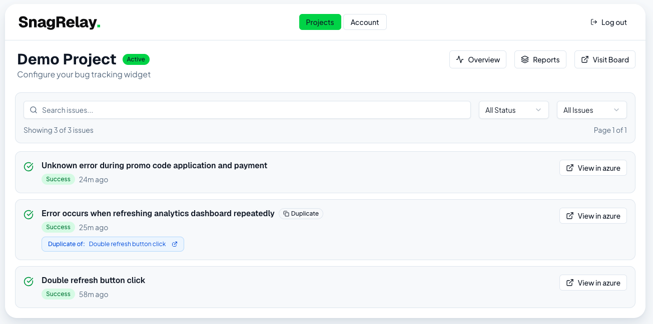 Logs list showing submission status, duplicate badges, and filters