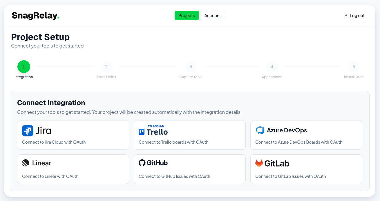Integration picker with tracker cards for Jira, Linear, Trello, GitHub, GitLab, and Azure DevOps