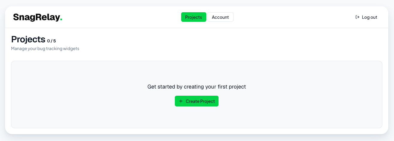Empty Projects page with a Create Project button