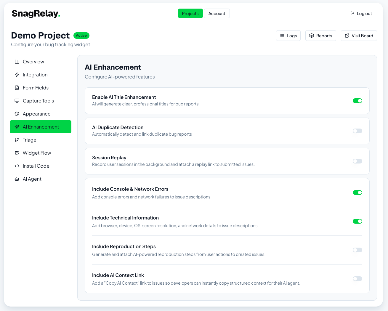 AI Enhancement tab with toggles for AI titles, tech info, and duplicate detection