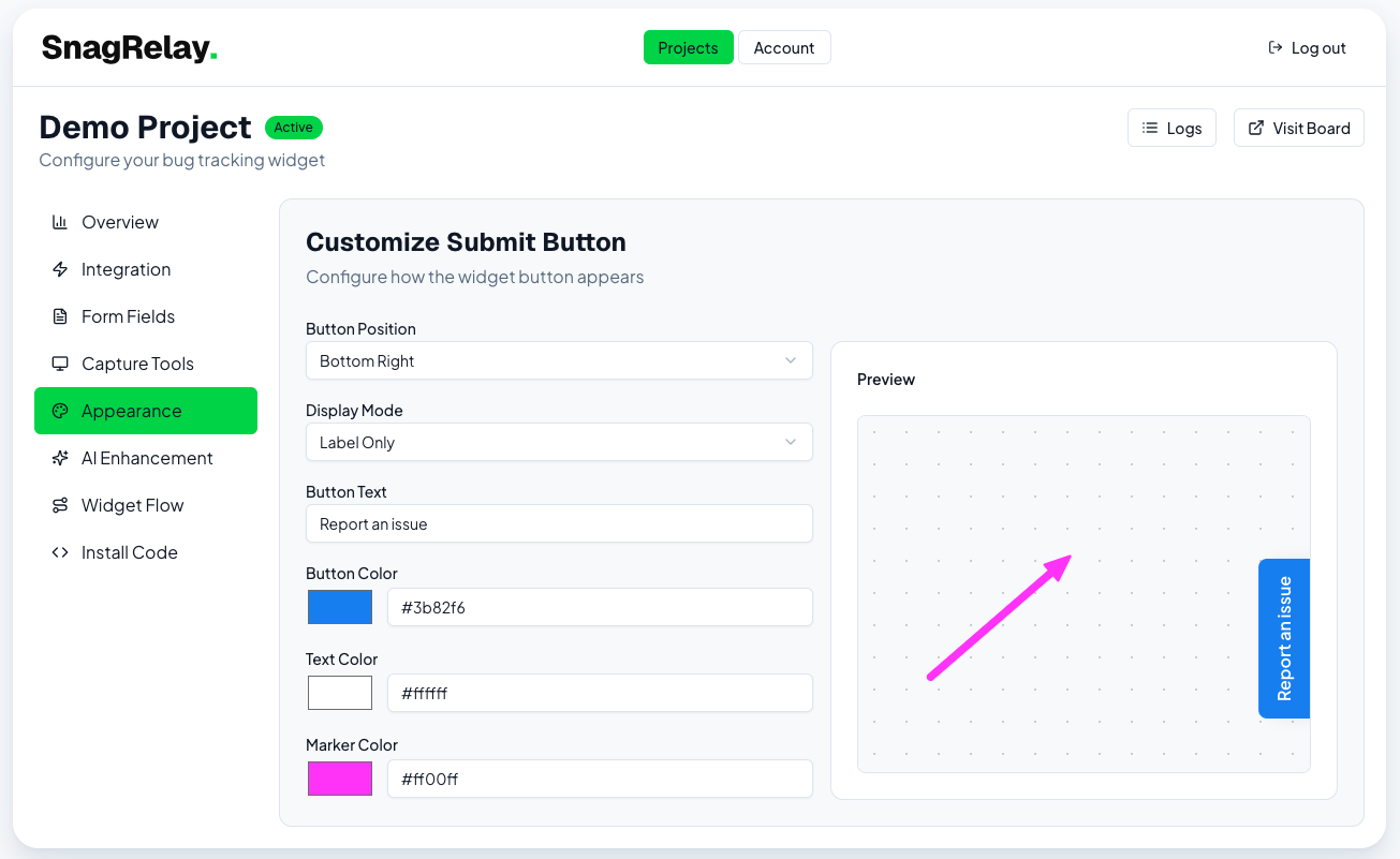 Appearance tab showing button customization options and a live widget preview