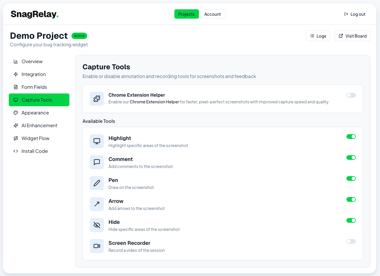 Capture Tools tab with annotation toggles and screen recorder switch