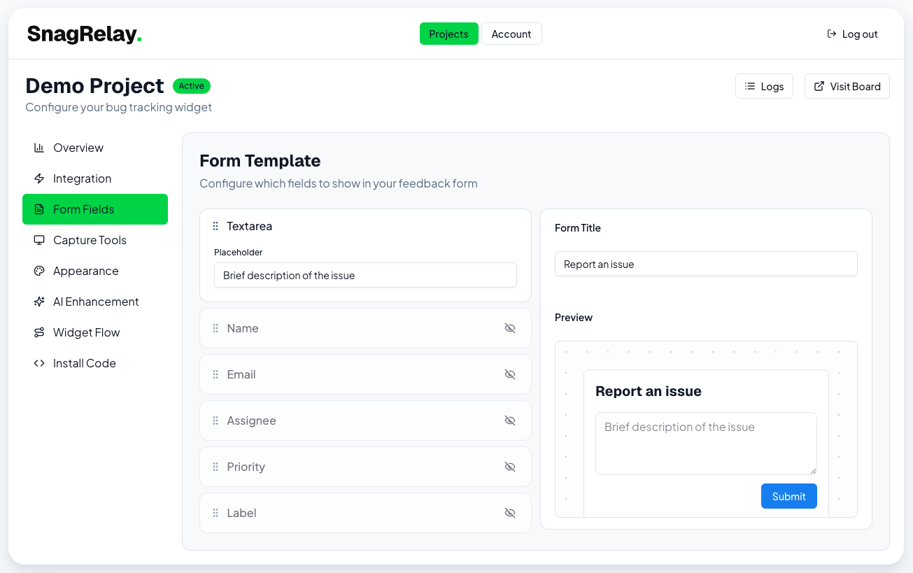 Form Fields configuration tab with field list and toggles
