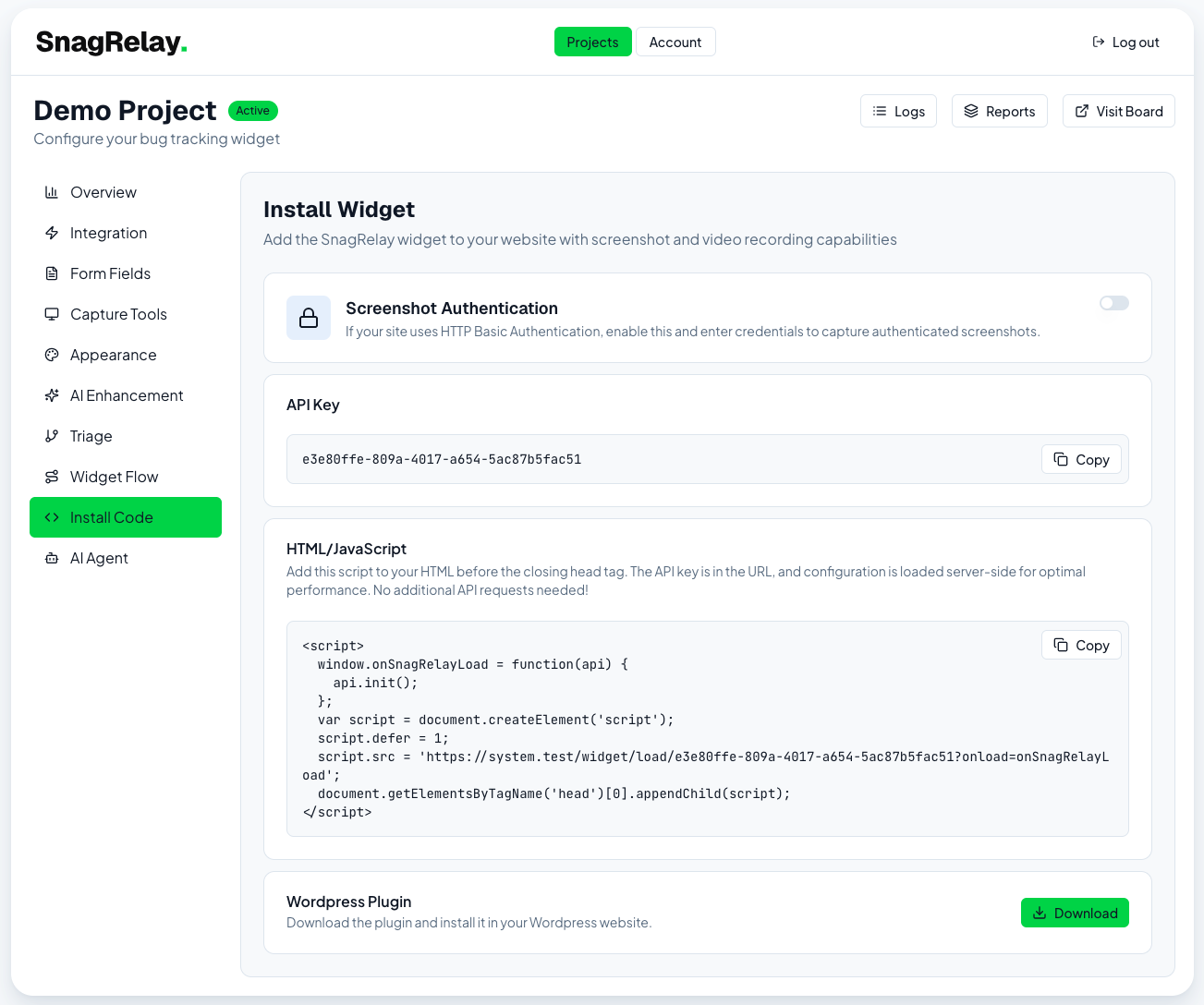 Install Code tab with API key, script snippet, and Basic Auth fields