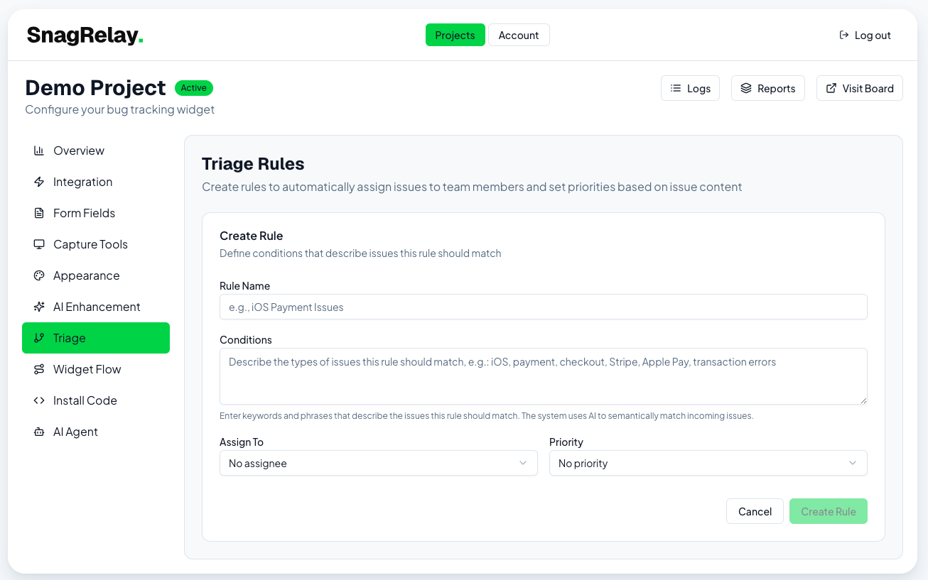 Triage tab showing a list of natural-language matching rules