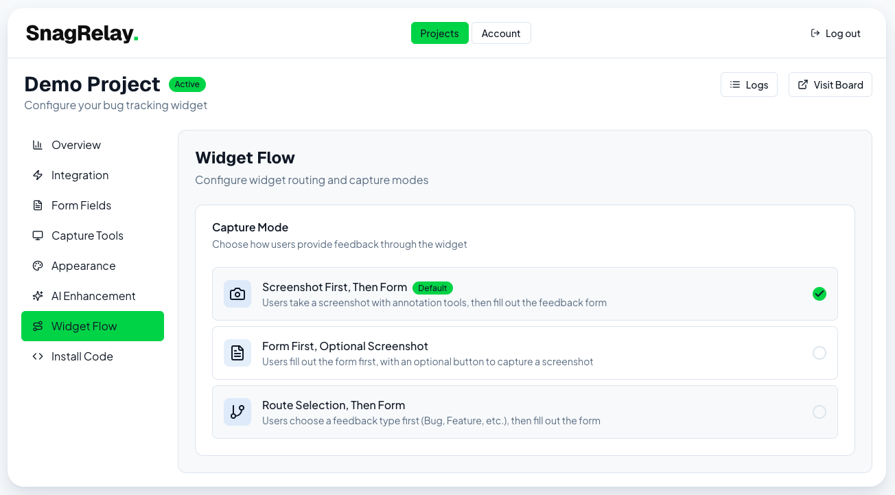 Widget Flow tab with capture mode options and a list of routing buttons